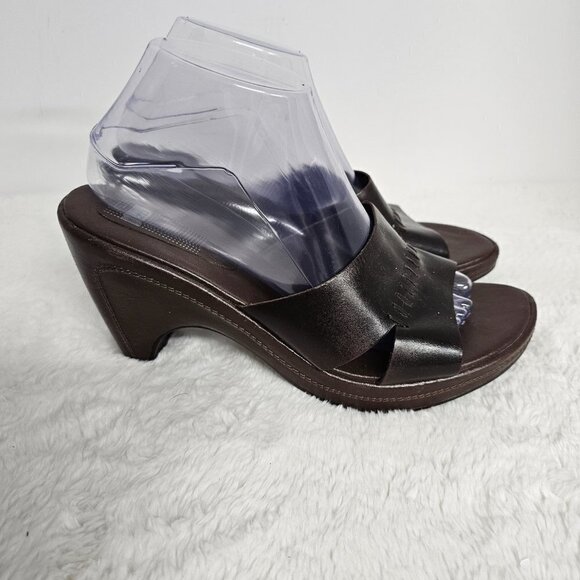 Zu Chocolate Brown Leather Whipstitch Slide On Heeleed Sandal Size 9 - Picture 6 of 15
